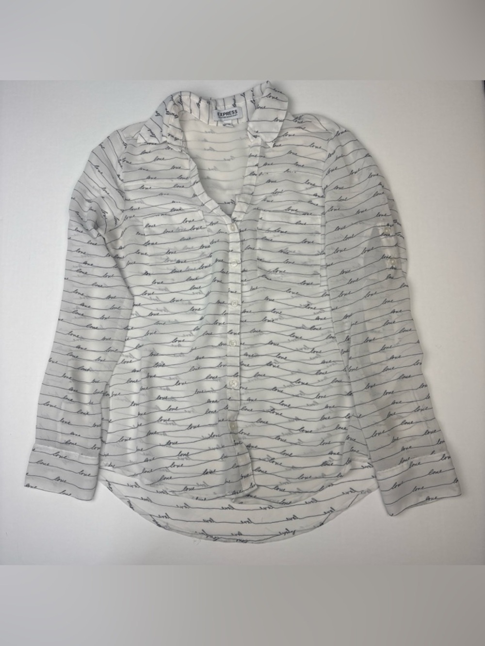Express Women XS Shirt Portofino White Black Love Sheer Long Sleeve Polyester